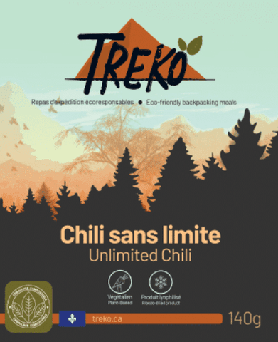 Le chili sans limite, repas lyophilisé de Treko pour la longue randonnée, plein air et camping. Idéal pour les randonneurs au Québec et Canada.