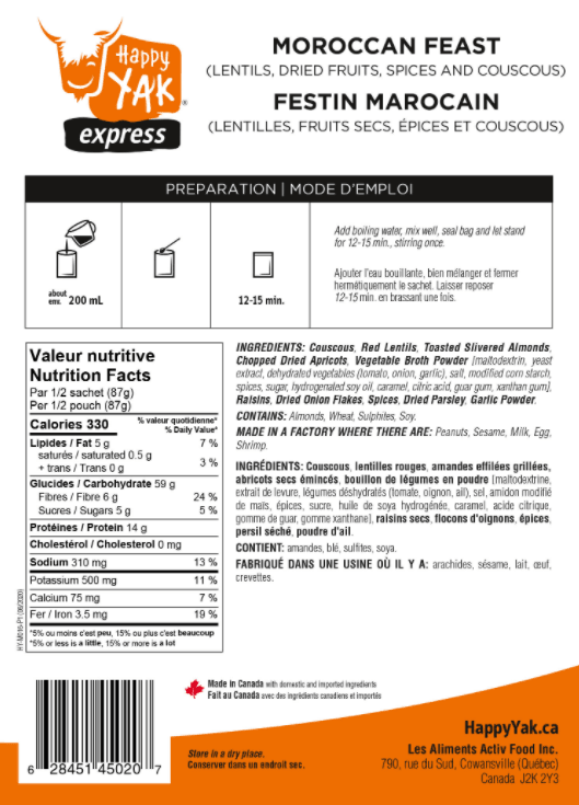Freeze-dried and ultra-light meals for camping, outdoor and hiking in Quebec and Canada with Mount Traile and Happy Yak