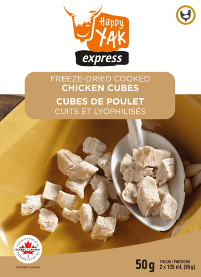 Cooked and freeze-dried chicken cubes for Happy Yak and Mount Trail hiking, camping and outdoor activities in Quebec.