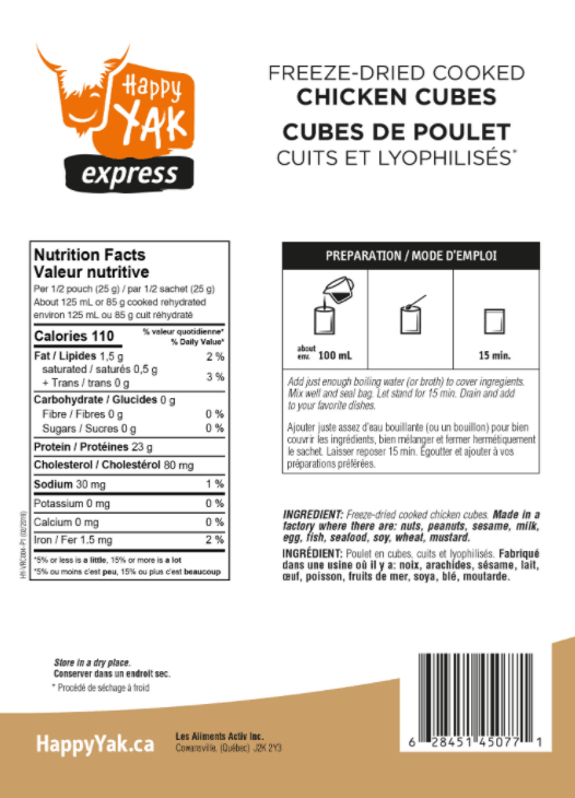 Cooked and freeze-dried chicken cubes for hiking, camping and outdoor activities at Happy Yak and Mount Trail on the Pacific Crest Trail.