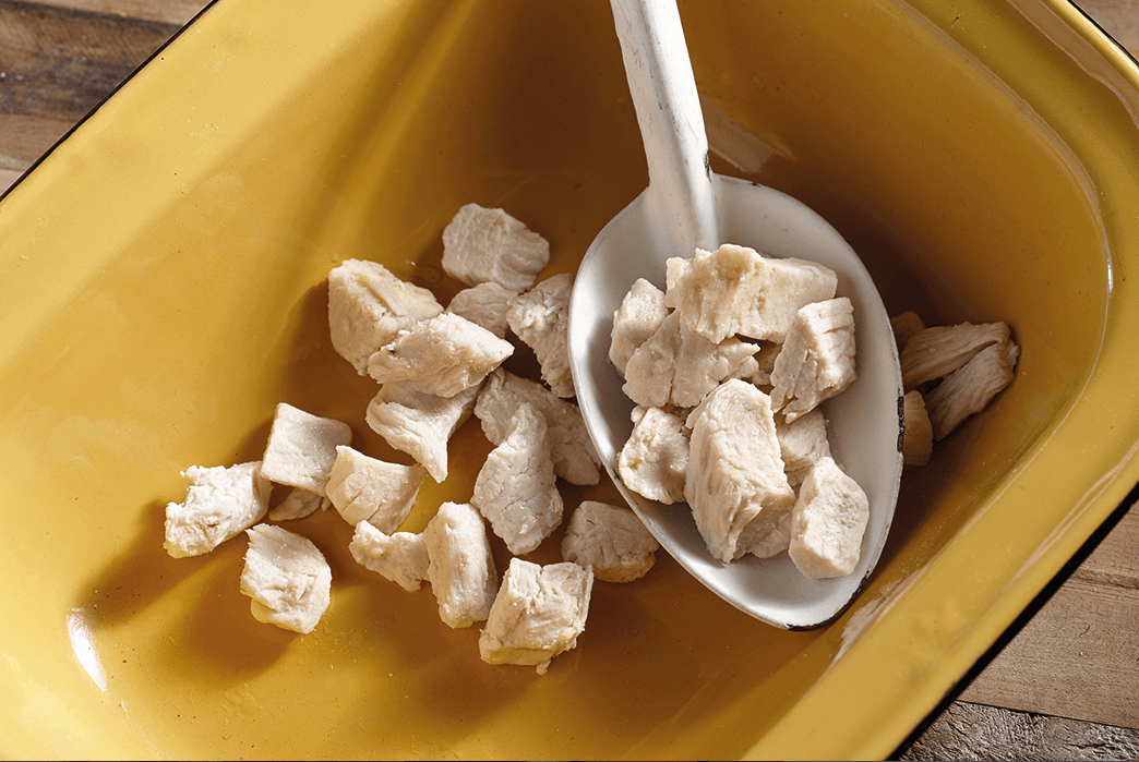 Cooked and freeze-dried cubed chicken for Happy Yak and Mount Trail hiking, camping and outdoor activities on the Appalachian Trail.