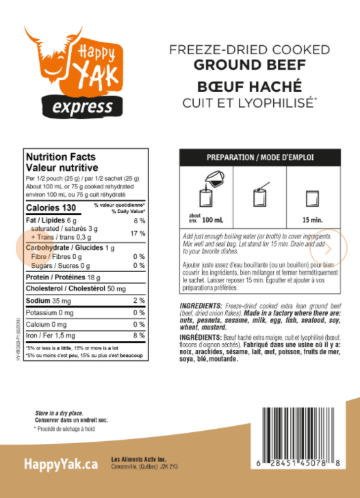 Repas lyophilisés au boeuf haché de Happy Yak pour le camping et pour la montagne.