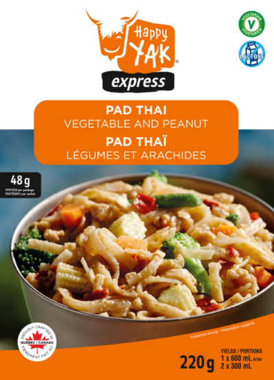 Dehydrated meals and dishes pad thai happy yak, in collaboration with Mount trail for hiking, outdoor and camping.