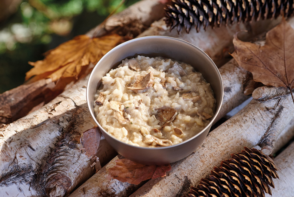 Meal and mushroom risotto dish and dehydrated cheese Happy Yak, Mount Trail's partner for camping, long hikes and the outdoors.