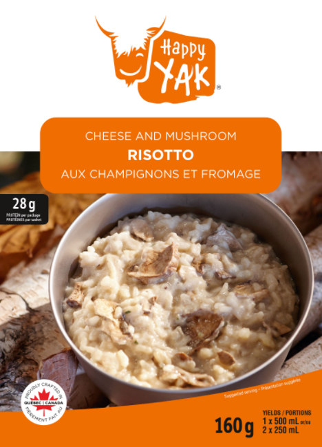 Repas et mets risotto aux champignons et fromage déshydraté Happy Yak, partenaire de Mount Trail pour le camping, les longues randonnées et le plein air produit au Canada.