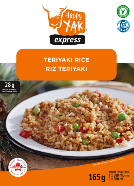 Repas et mets déshydratés riz teriyaki happy yak, en collaboration avec Mount trail pour les randonnées, le plein air et le camping fabriqué au canada.