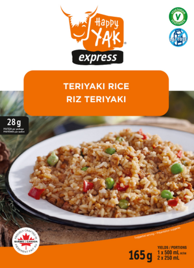 Dehydrated meals and dishes teriyaki rice happy yak, in collaboration with Mount trail for hiking, outdoor and camping made in canada.
