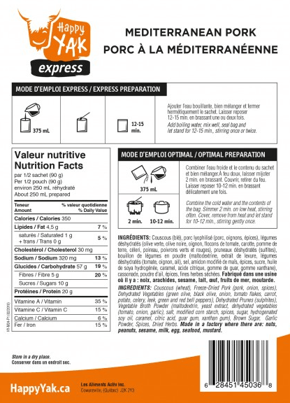 Freeze-dried pork meals from Happy Yak and Mount Trail for long hikes, outdoors and camping.